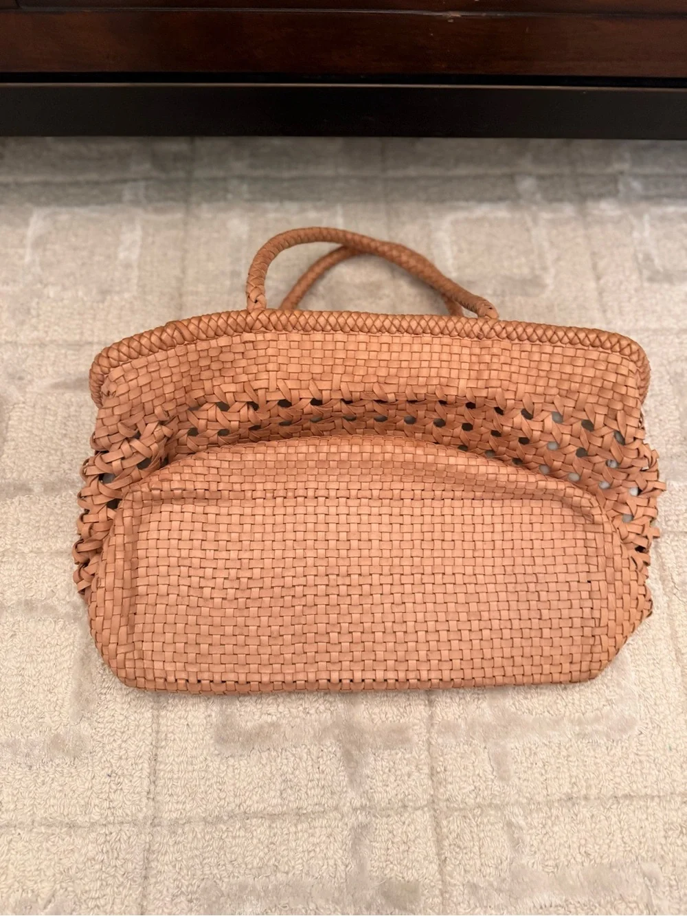 Woven Leather Tote Bag in Tan - Lightweight Summer Carryall by Village Thrive - Picture 5 of 6